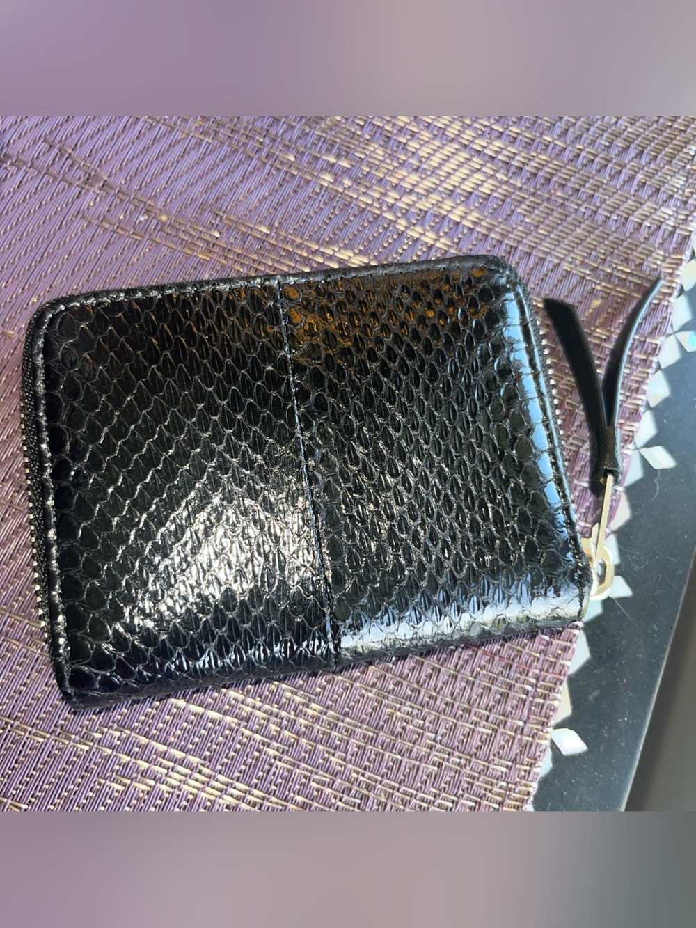 All Saints Black Patent Snake Embossed Zip Wallet